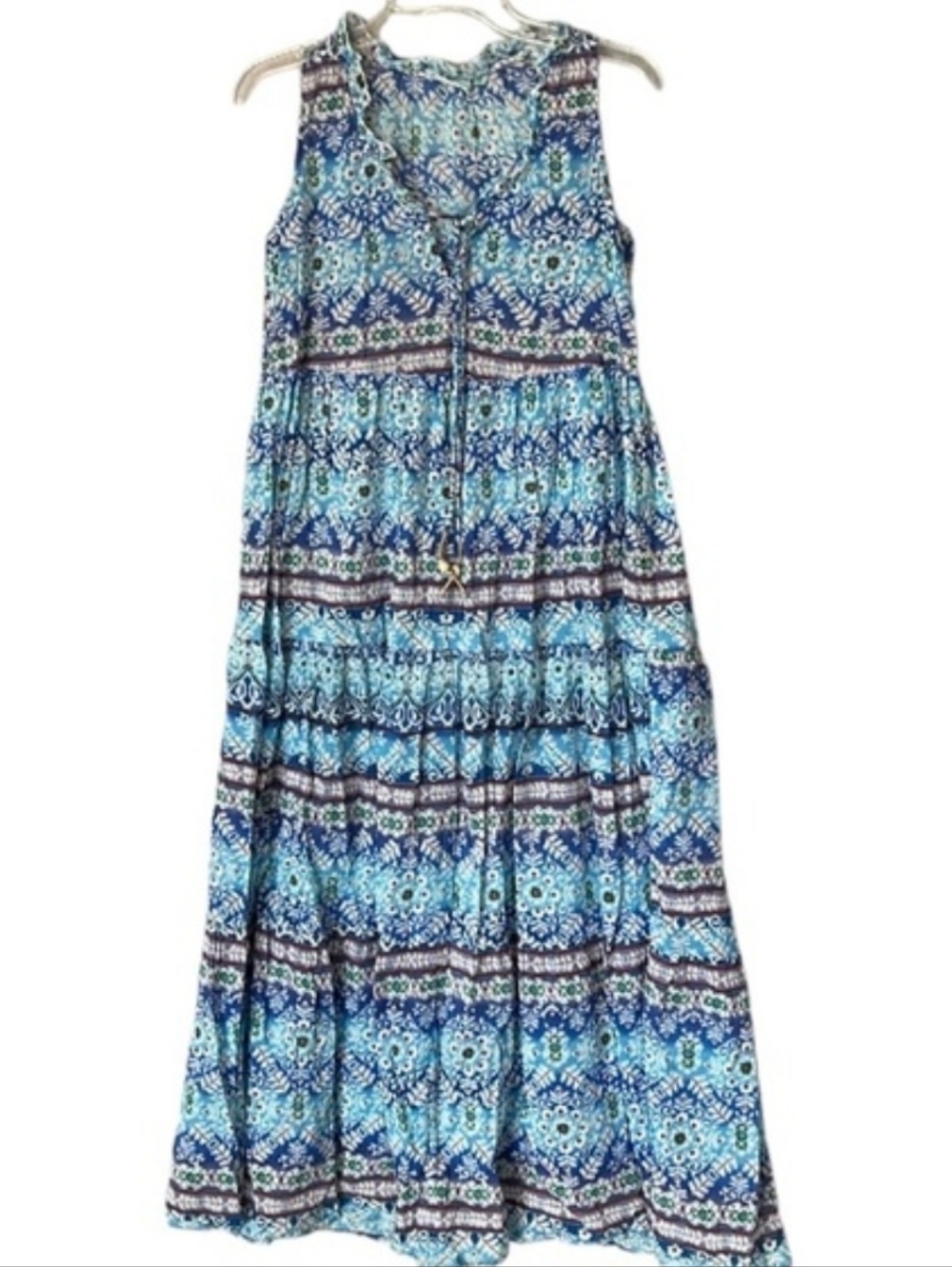 Sleeveless Blue Medallion Boho Print Maxi Dress Cover-up Lightweight Tiered M